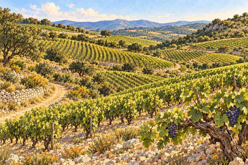 Les rangées de vignes sur les coteaux de Caramany
