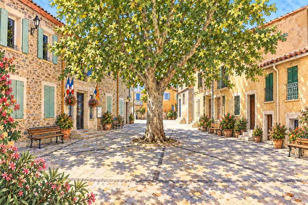La place de la mairie de Caramany à l’ombre de son grand arbre